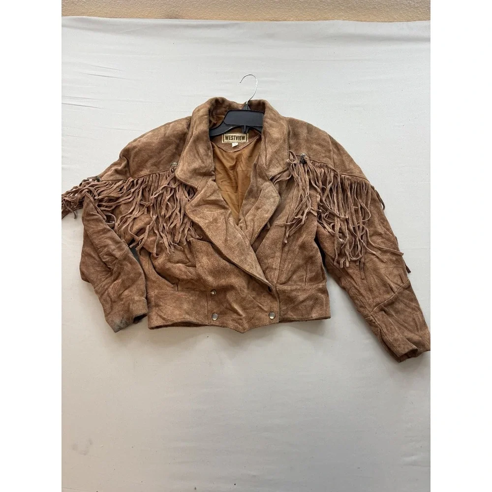 WESTVIEW Womens Brown Suede Leather Fringe Jacket Small S Western Boho Cropped